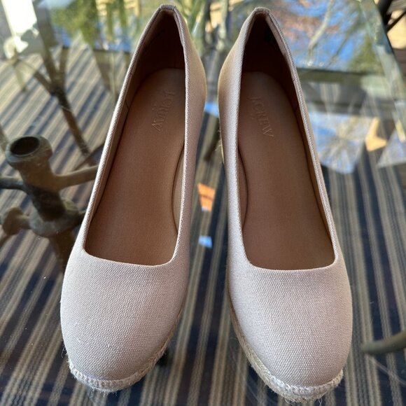 NWOT Crew Wedge Womens 7 Tan Cream Espadrilles Jute Platforms Canvas Sandals - Picture 1 of 11